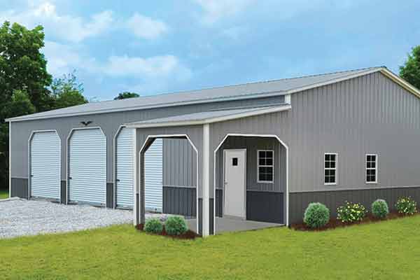 Three car garage with bonus space with doors and windows